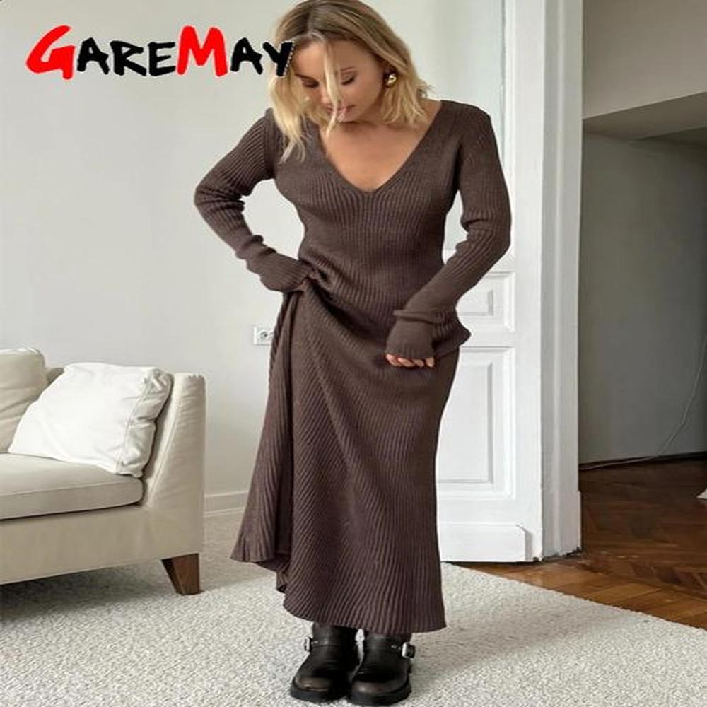 winter warm womens knitted dress elegant v neck thick aline