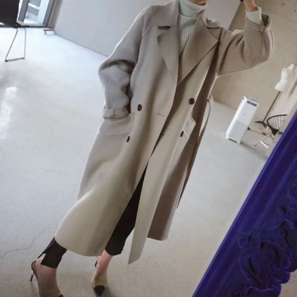 winter wide lapel belt pocket blend coat oversize long trench