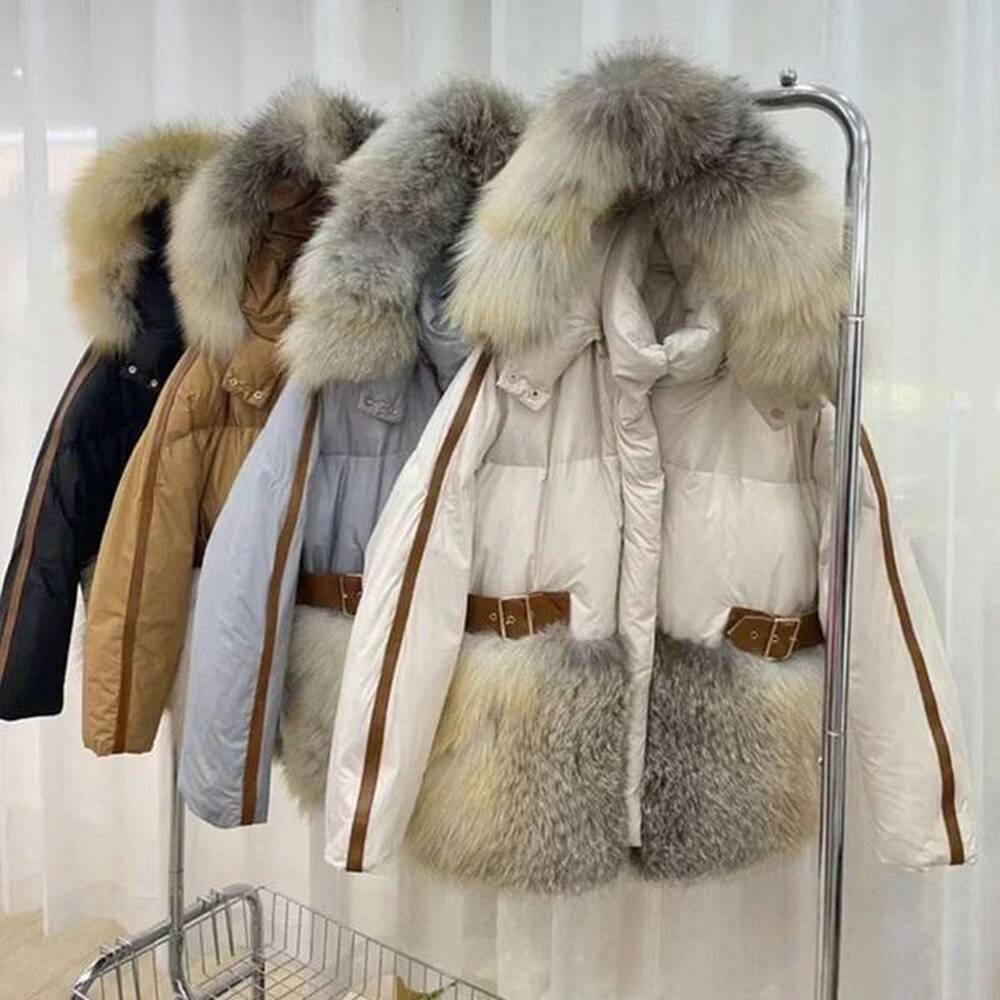 winter with red fox hood collar white goose down coats