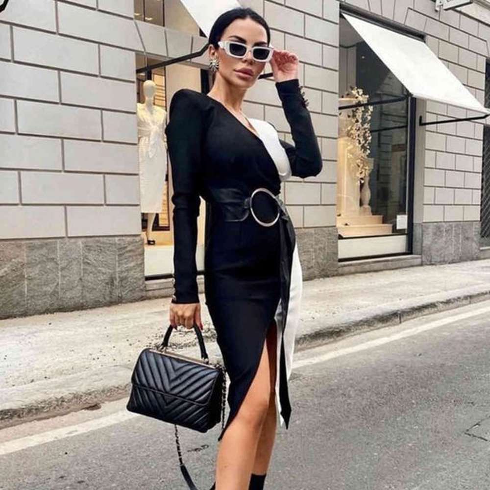 winter women long sleeve v neck bandage dress sexy patchwork