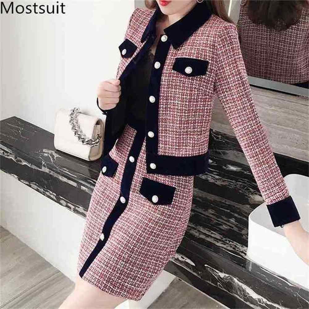 winter women tweed vintage two piece skirt suits sets buttons