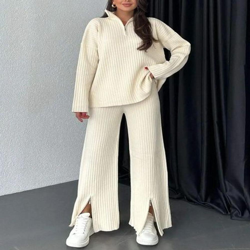 winter women zipper high neck ribbed two piece set casual