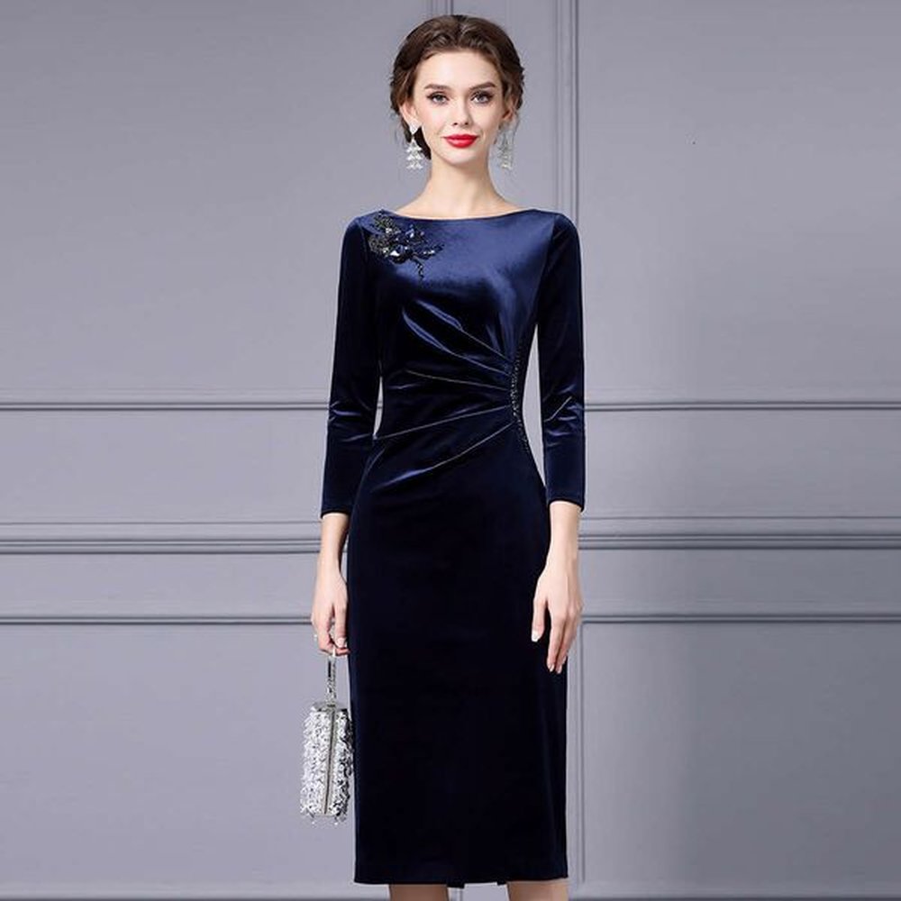 winter womens dress new autumn commuting style gold velvet