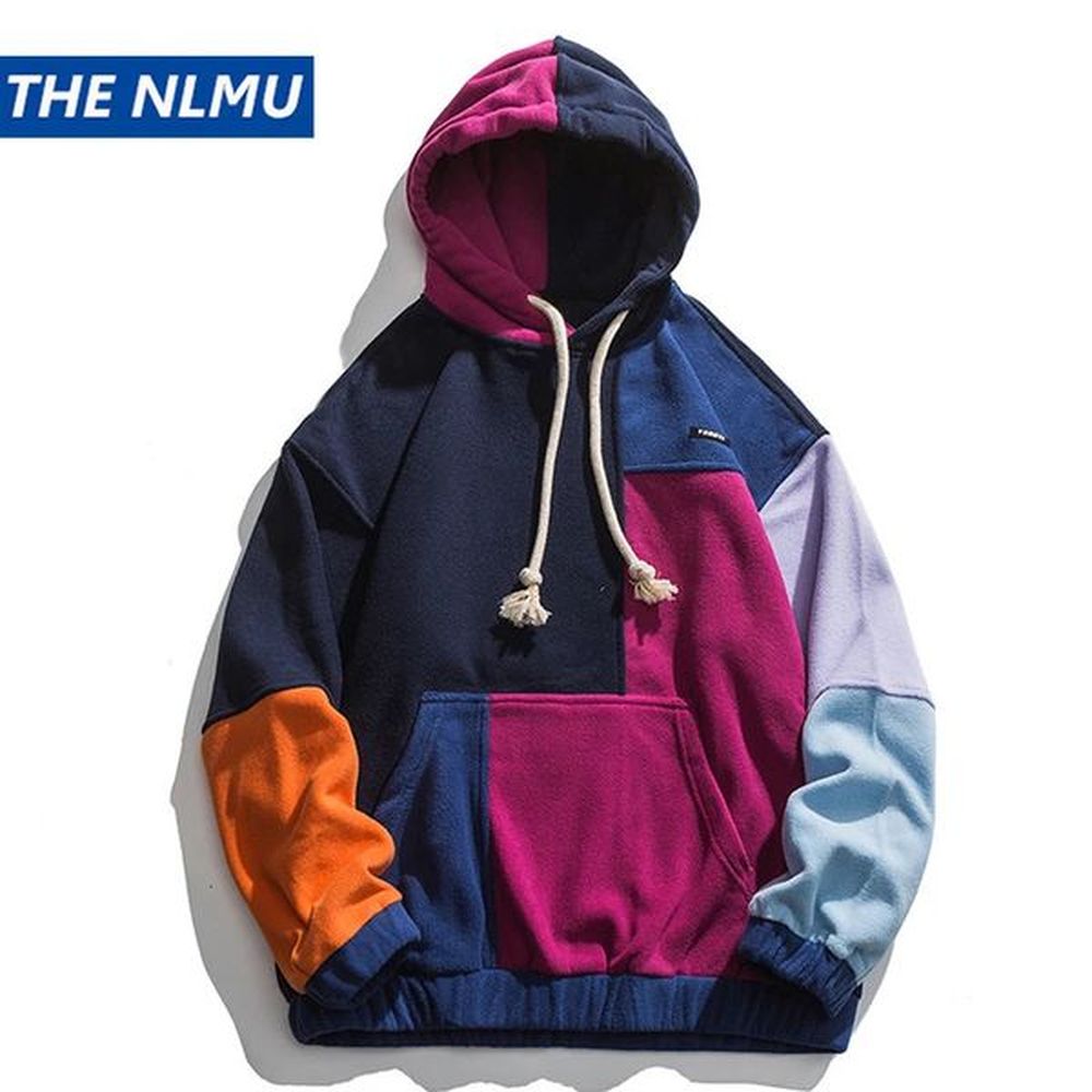 Winter Wool Hoodie Mens Hip Hop Color Block Patch Work Zipper Hoodie Street Clothing Top Size WE141 241127