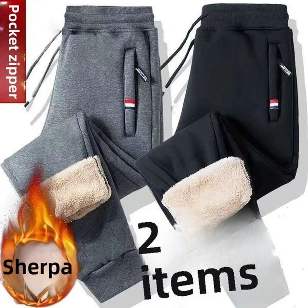 Winter Woolen Fleece-ed Casual Warm Loose-fit Straight-leg Ankle Zippered Pants For Young Middle-aged Elderly Men