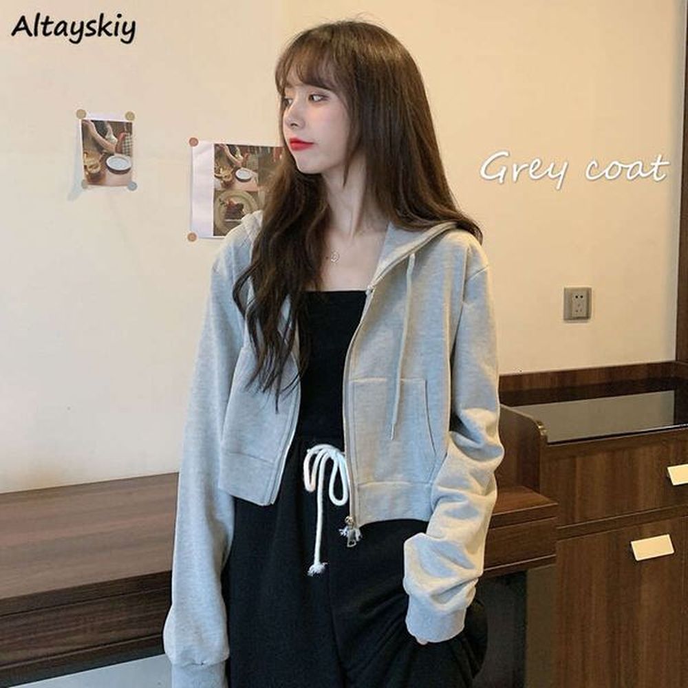 with hat hoodies chic autumn trendy korean solid zipup ladies