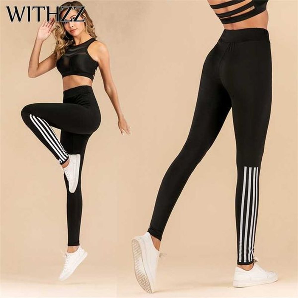 withzz stretch fashion pull strip printed high waist sportleggings women