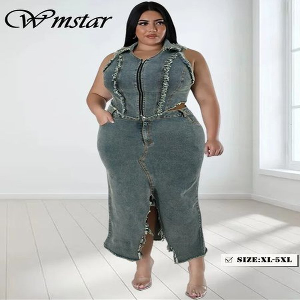 wmstar women plus size denim skirts sets two piece set