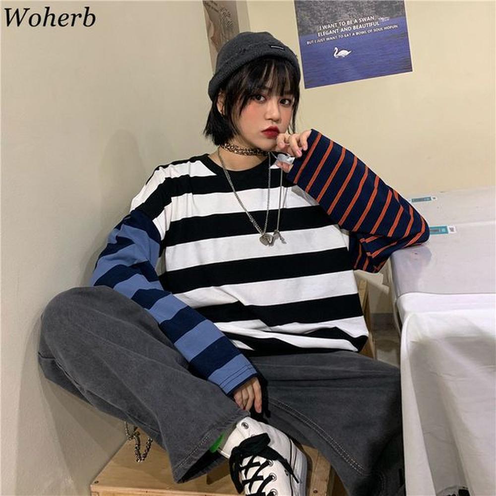 woherb oversized cotton long sleeve t shirt striped print contrast