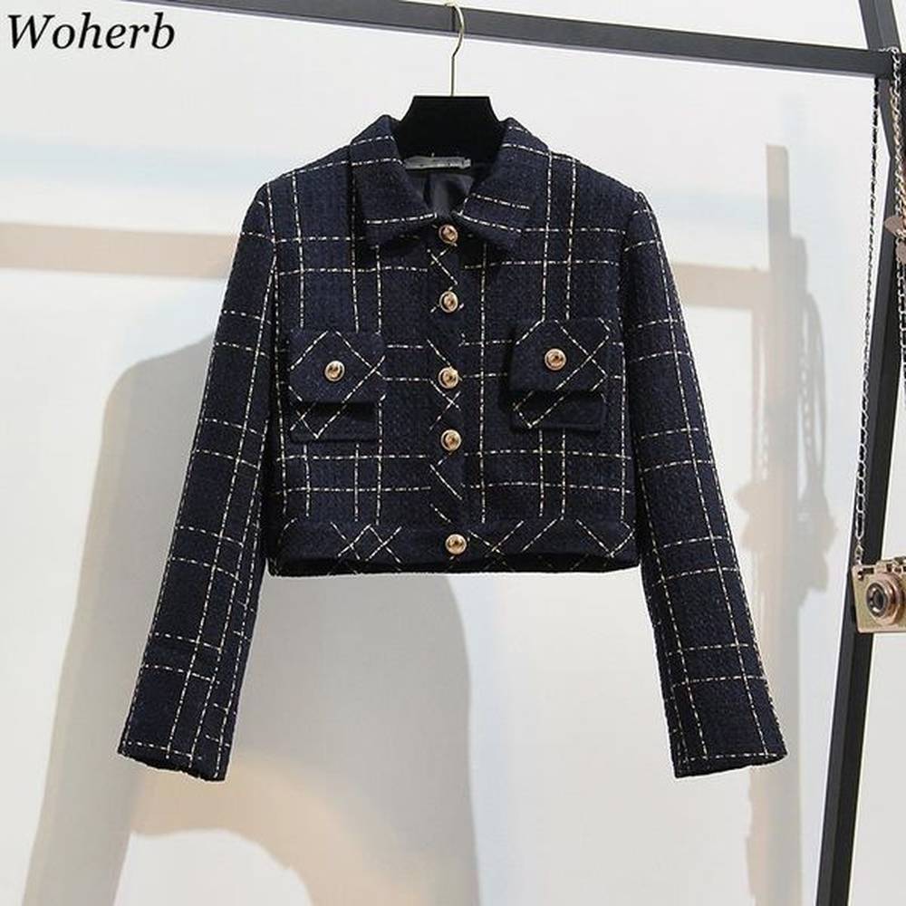 woherb spring plaid coat women korean casual blazer jackets with