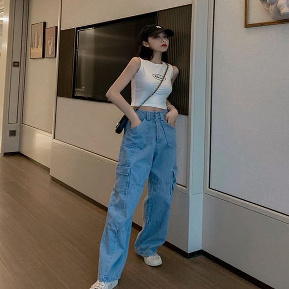 woherb vintage wide leg woman jeans high waisted jeans blue