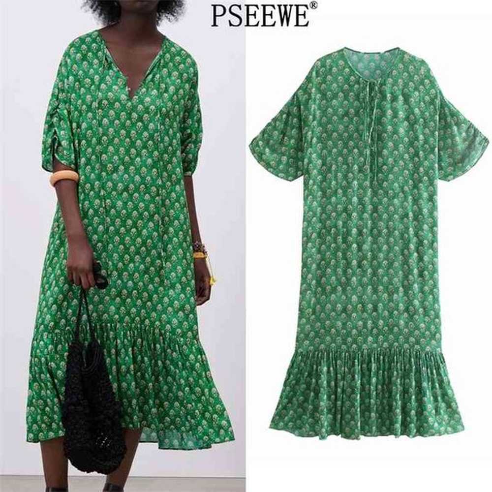 woman dresses green floral print midi summer dress women vintage