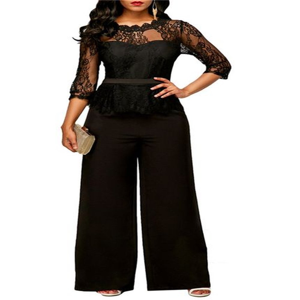 woman lace patchwork jumpsuit three quarter sleeve lace top wide