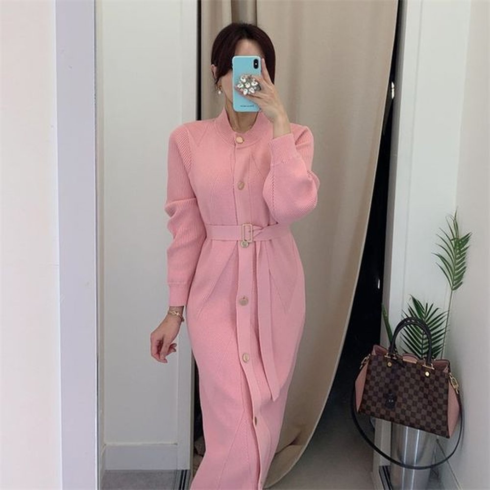 women autumn chic sashes slim waist dresses winter elegant single