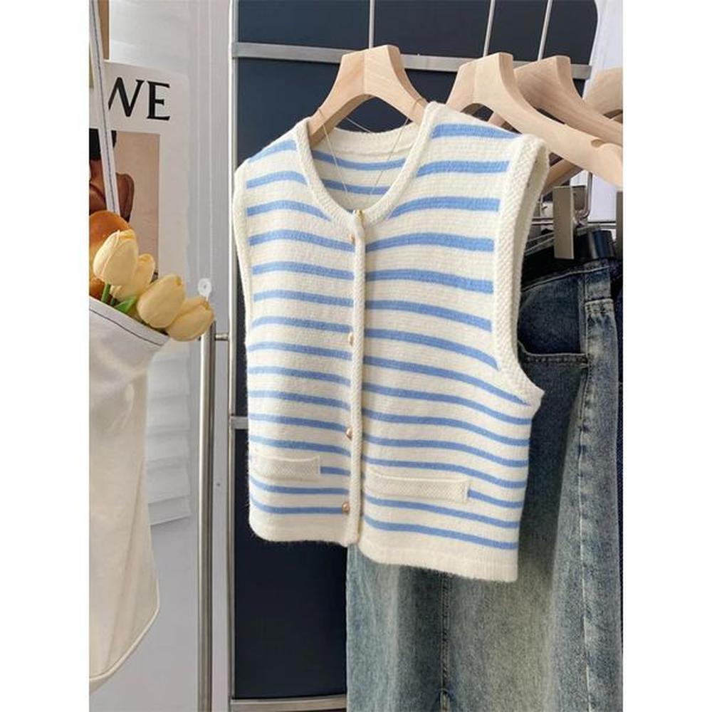 women autumn winter fashion allmatch striped color blocking vest clothes