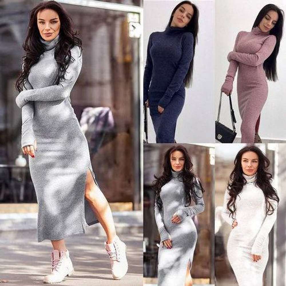 women autumn winter long sleeve knit bodycon sweater dress jumper