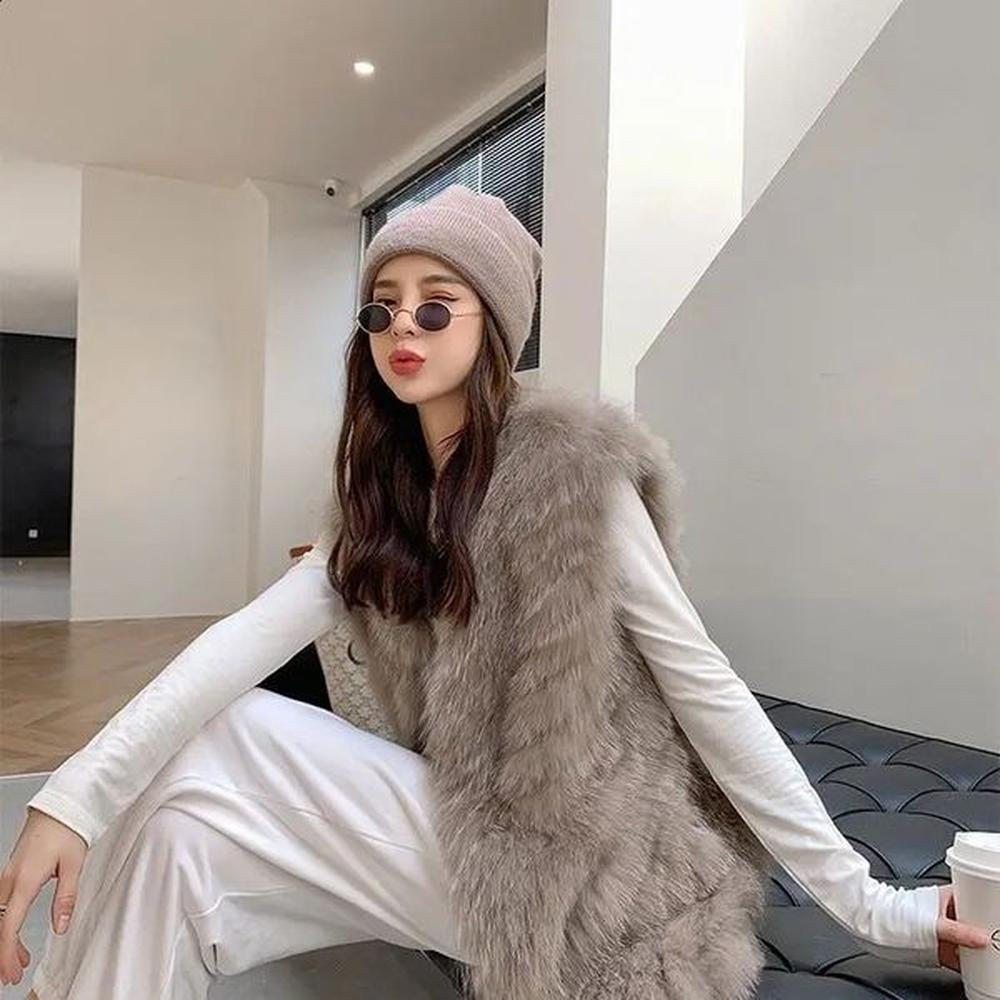 women autumn winter slim sleeveless coats female loose faux fox