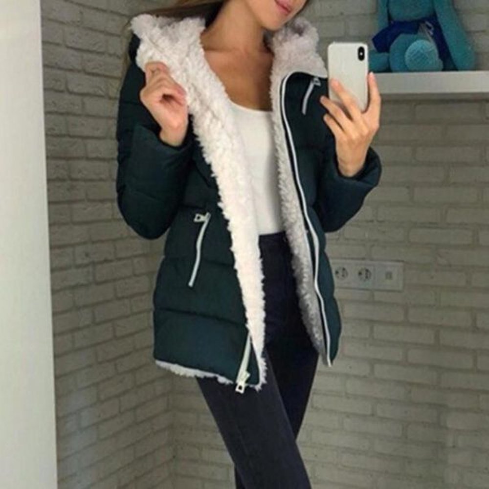 women autumn winter solid color zipper hooded jacket thickened warm