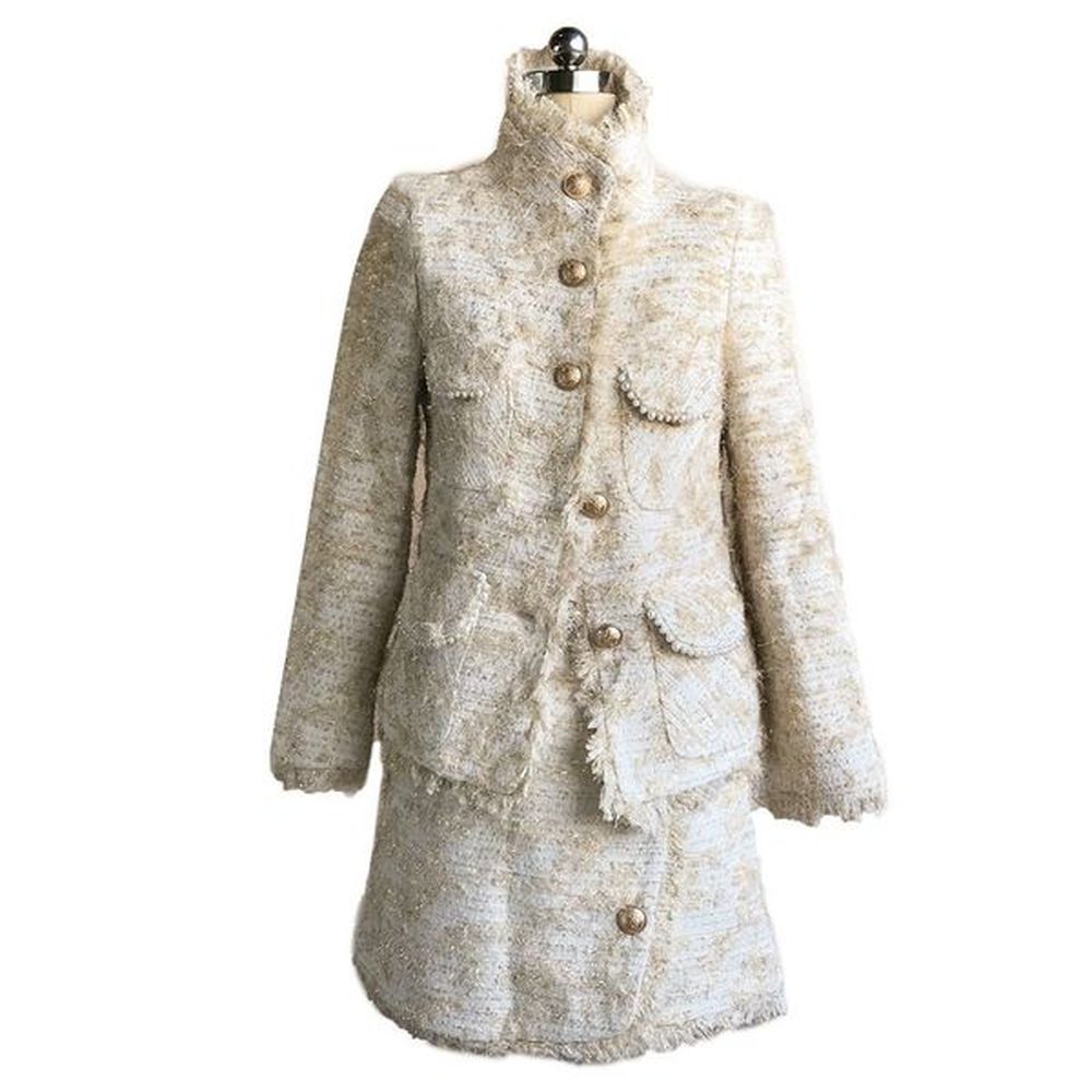 women beige tweed jacket mini skirt pencil two pieces