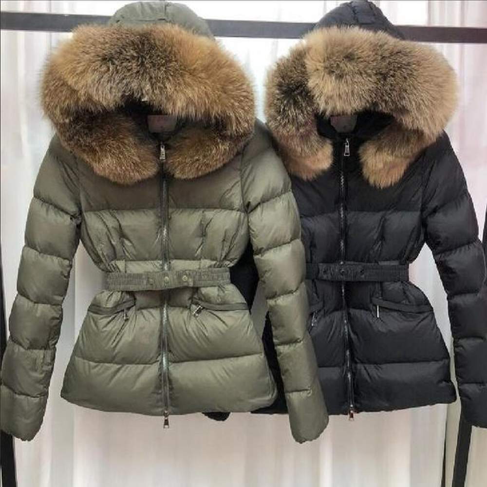 women big real fox fur hooded down coat with belt