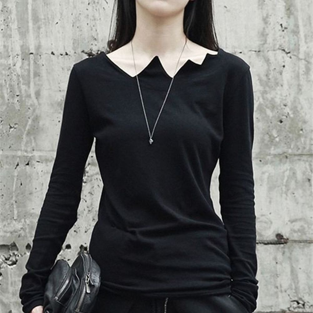 women black irreuglar cut personality brief tshirt round neck long
