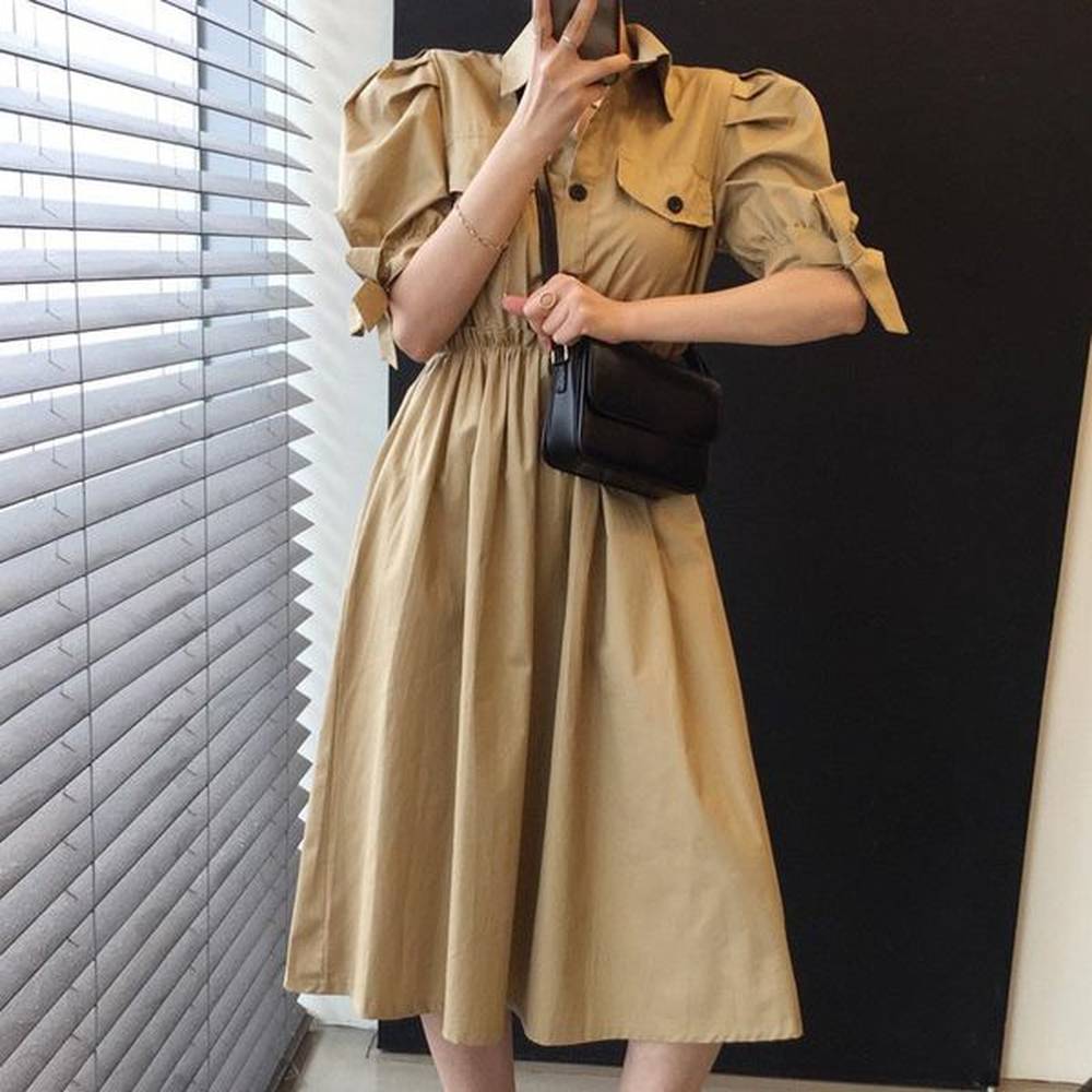 women black pleated dress summer shirring retro lapel three buckle