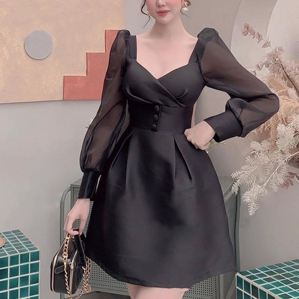 women black sexy patchwork organza ball gown mini dress vneck