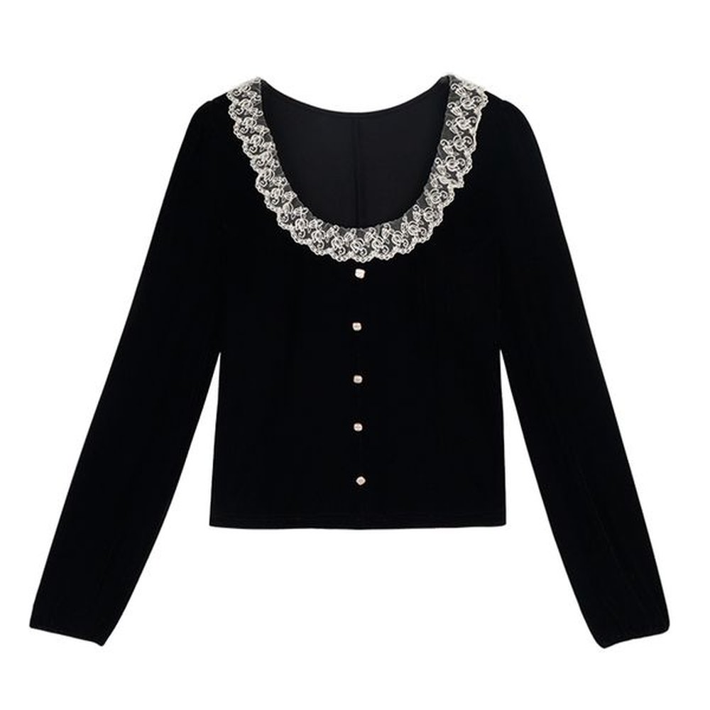 women black velvet o neck long sleeve shirt blouse button