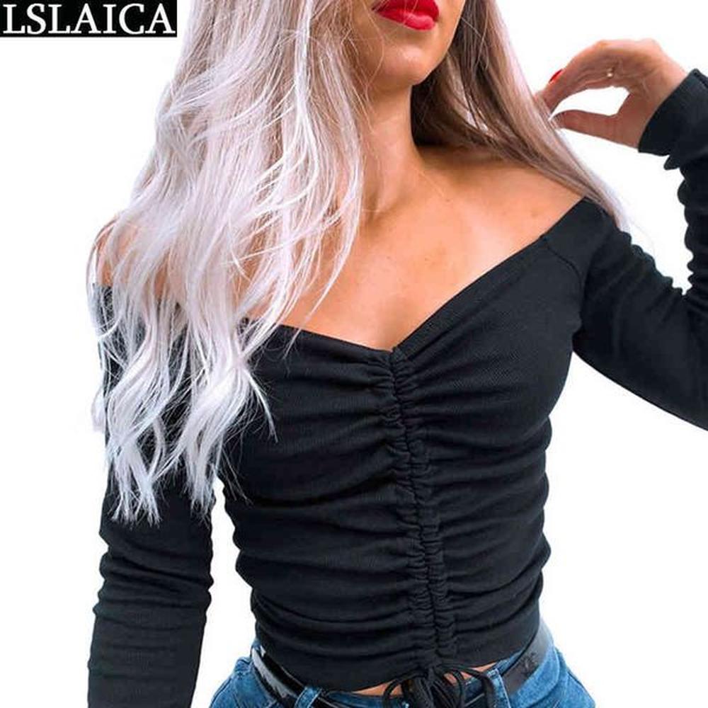 women blouses fashion ruched drawstring solid lady long sleeve crop
