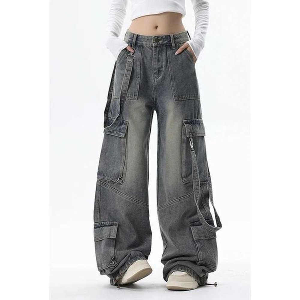 women blue jeans cargo pants streetwear high waist american wide