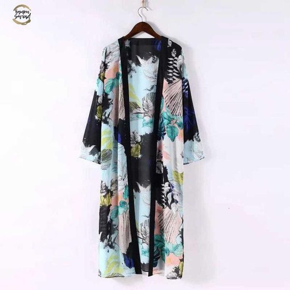women boho floral printed long blouse loose shawl kimono cardigan