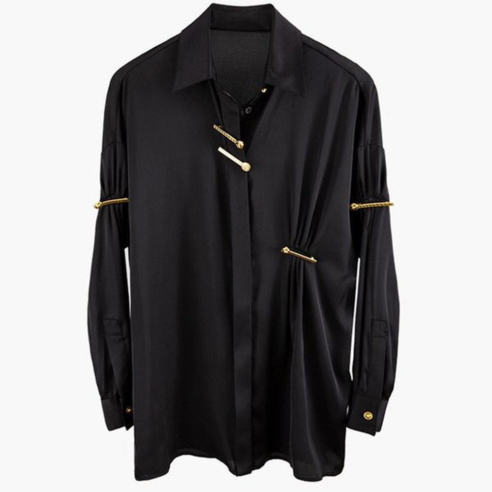 women brooch pins blouse oversize loose long satin ruched shirt