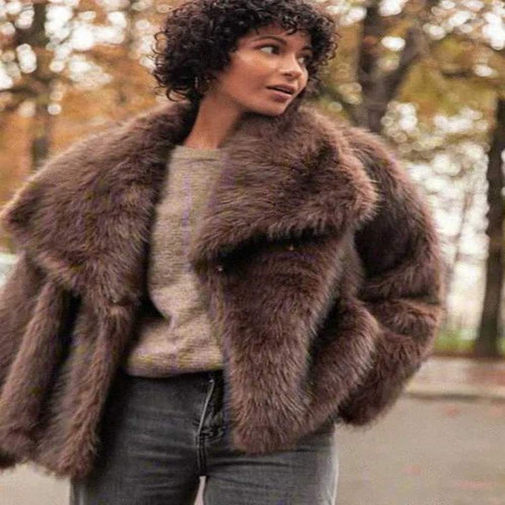 women brown warm loose faux fur coats fashion lapel long