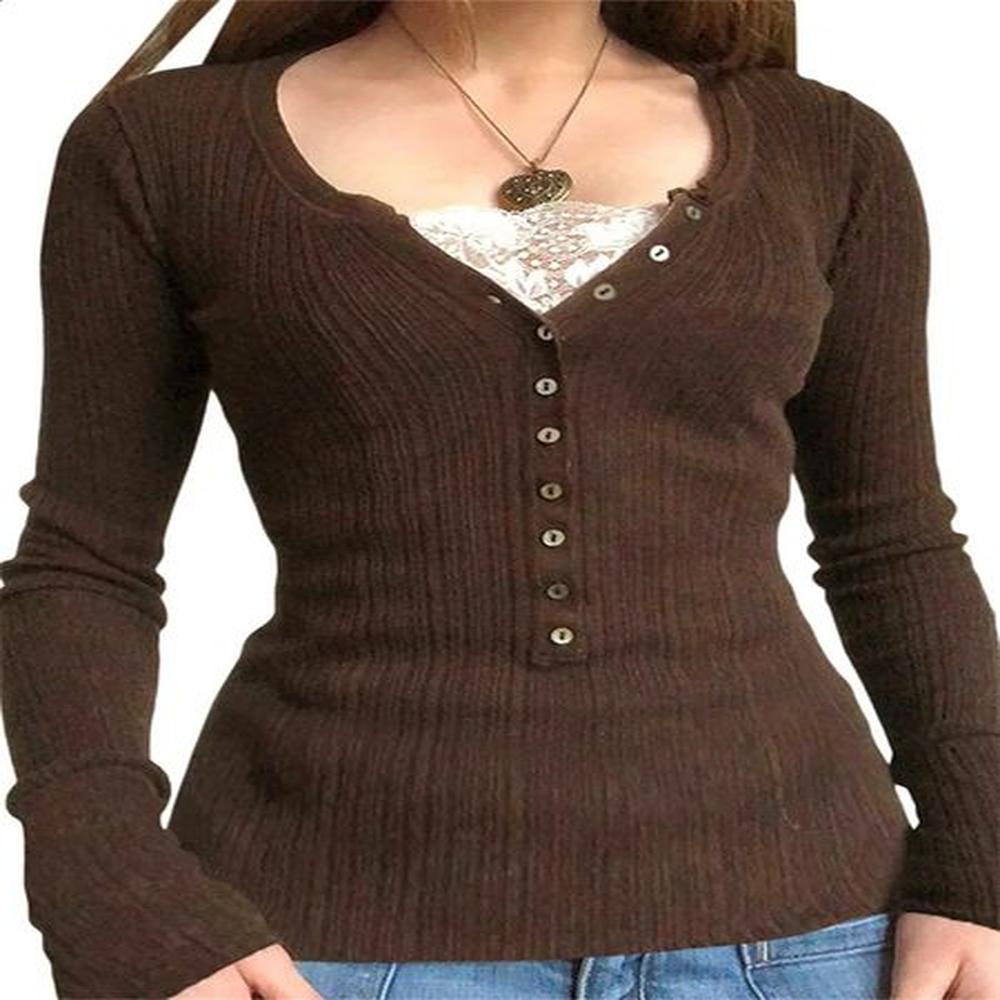women button front knit tops long sleeve lace patchwork slim