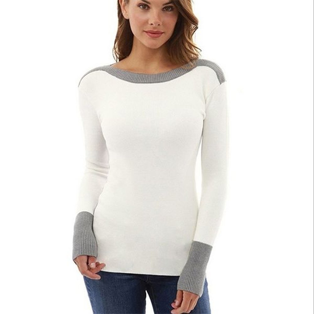 women calsual long sleeve color collision knitting sweater blouse winter