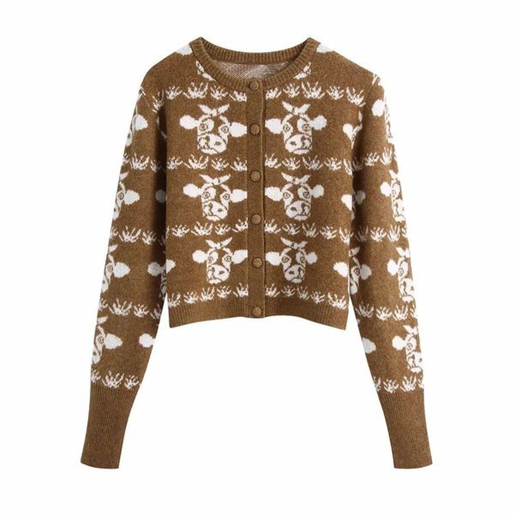 women cartoon animal pattern jacquared knit cardigan long sleeves casual