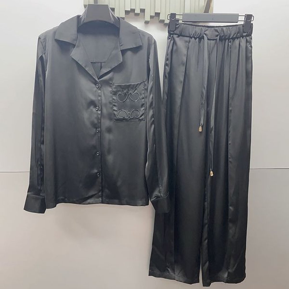 women casual set black satin blouses high waist straight pants