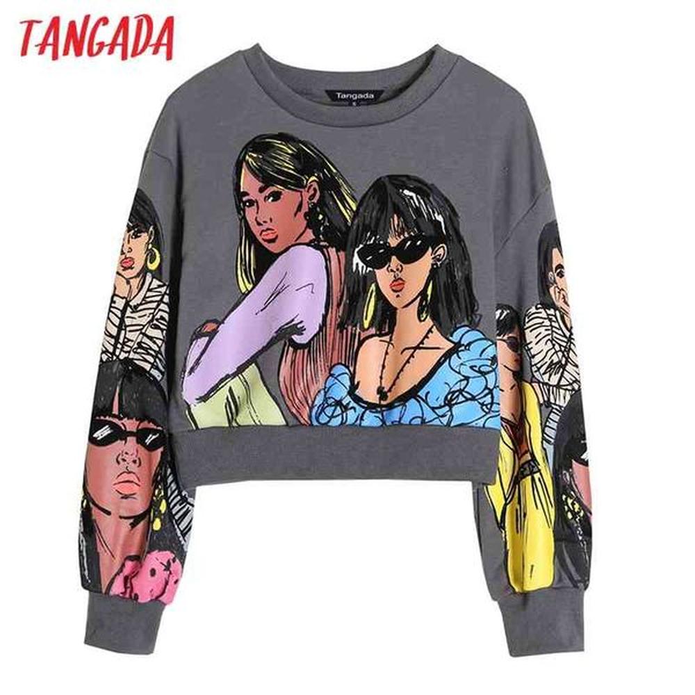 women charater print crop sweatshirts oversize long sleeve loose pullovers
