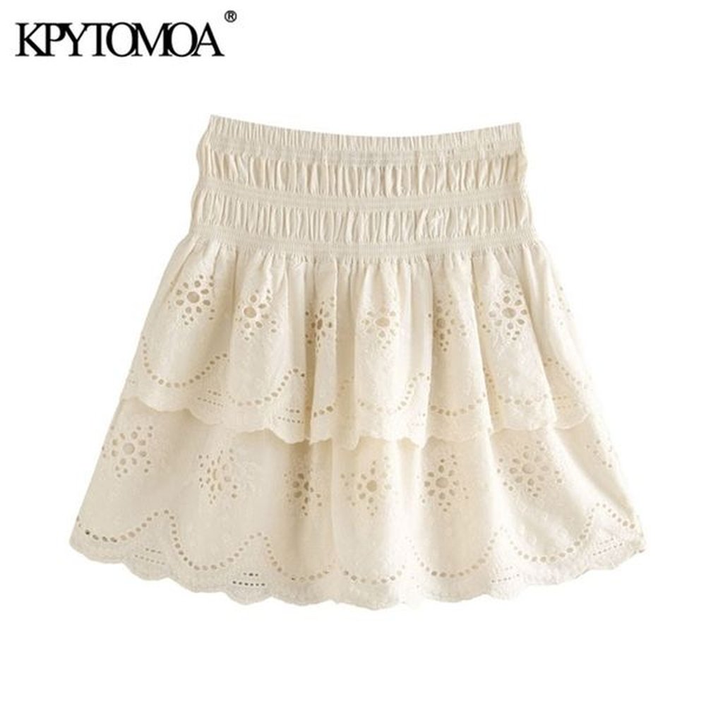 women chic fashion cutwork embroidery mini skirt vintage high elastic