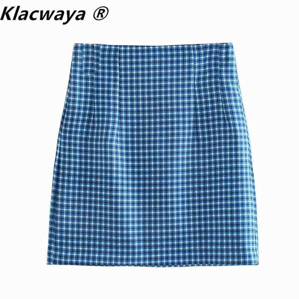 women chic fashion with back false pockets checked mini skirt