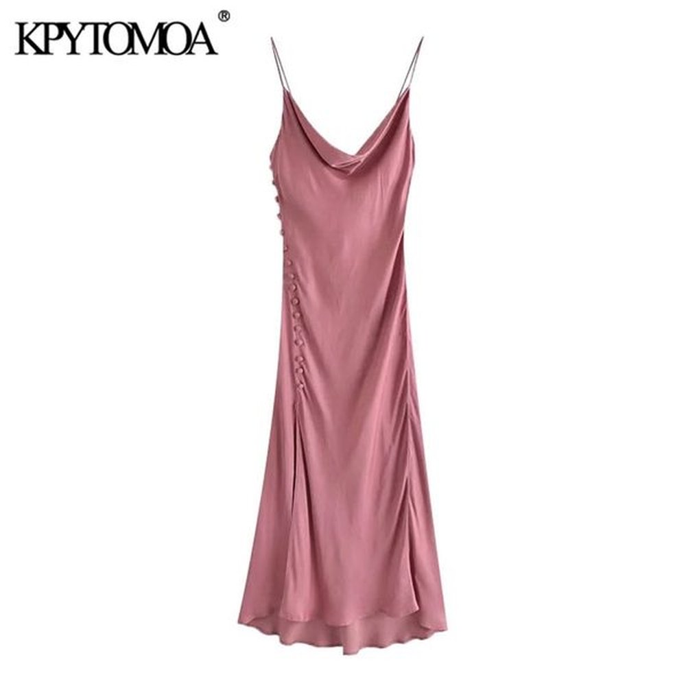 women chic fashion with buttons side slit midi camisole dress