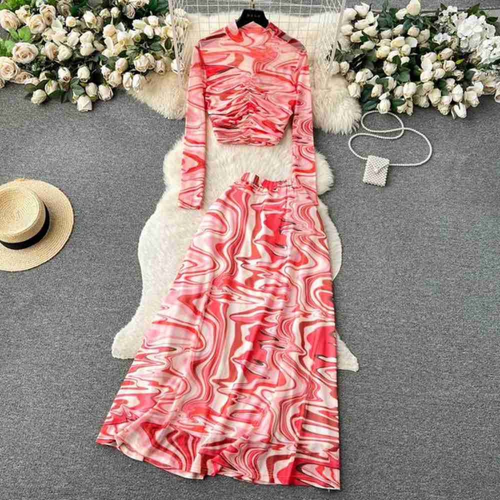 women chic sweet two pieces sets mesh top lool sleeve