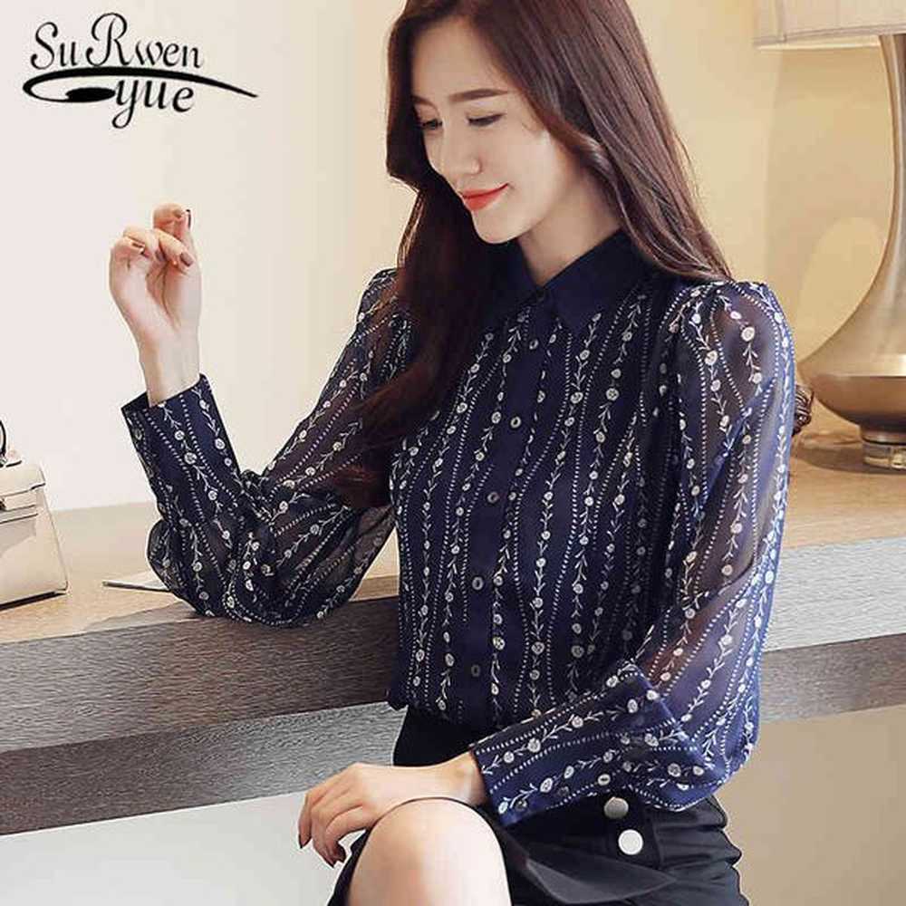 women chiffon blouse fashion print floral shirt long sleeves tops