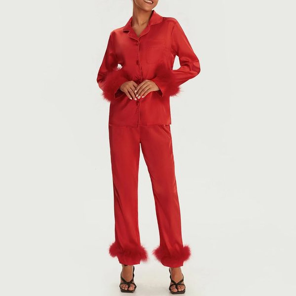 women christmas feather trim pajama sets santa clausplaid long sleeve