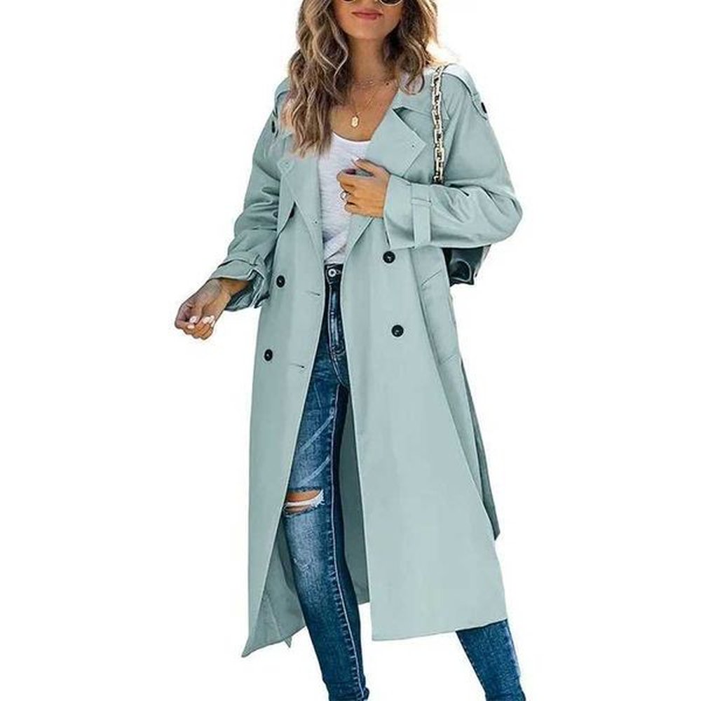 women classic long trench coat solid color doublebreasted lapel long