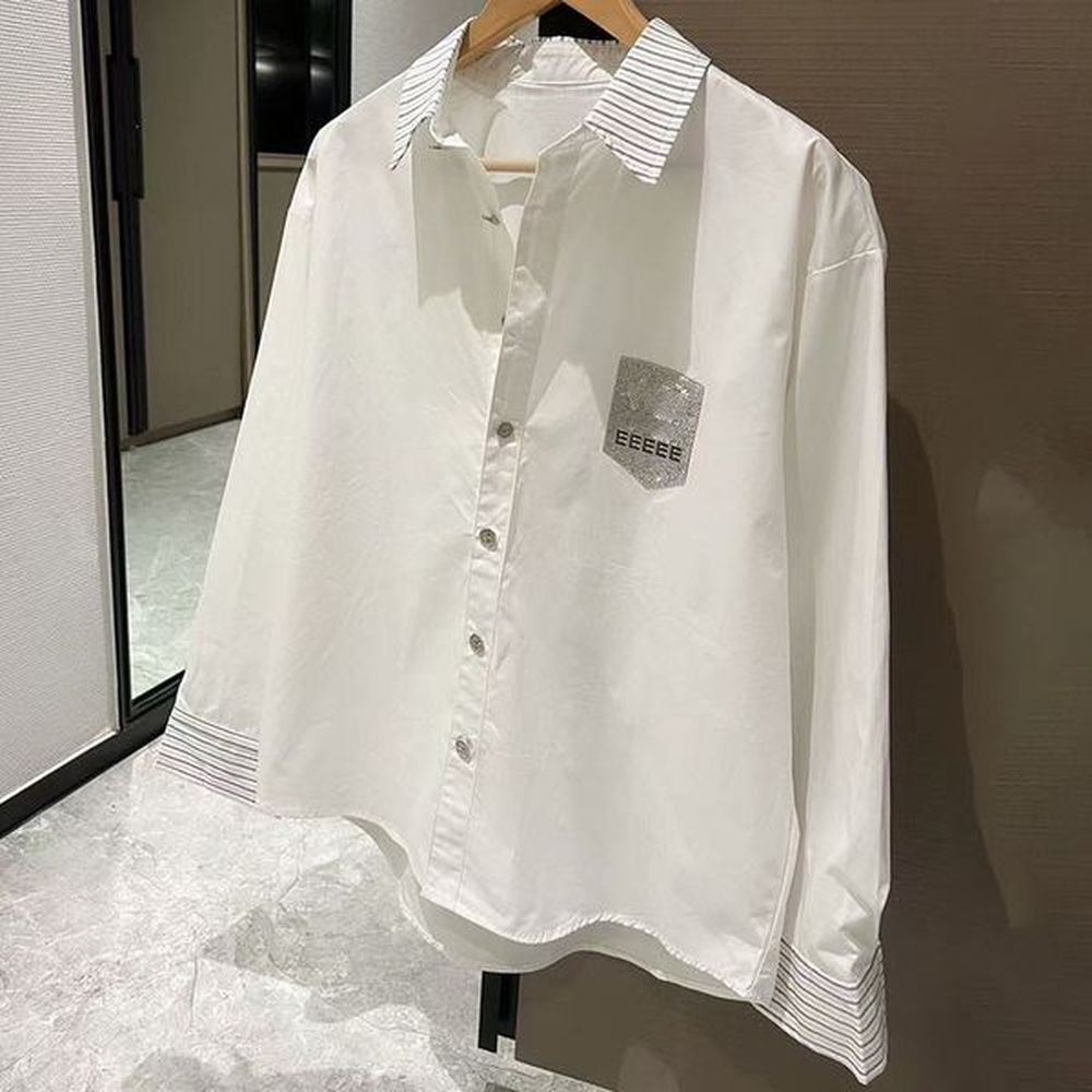 women designer rhinestone patchwork blouse long sleeve shirt tops lady