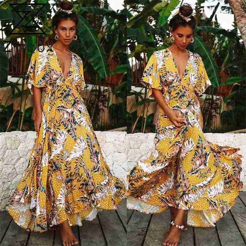 women dress deep v neck short sleeve printed bohemia es