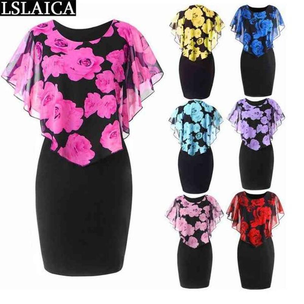 women dress rose print elegant casual slim bodycon office party