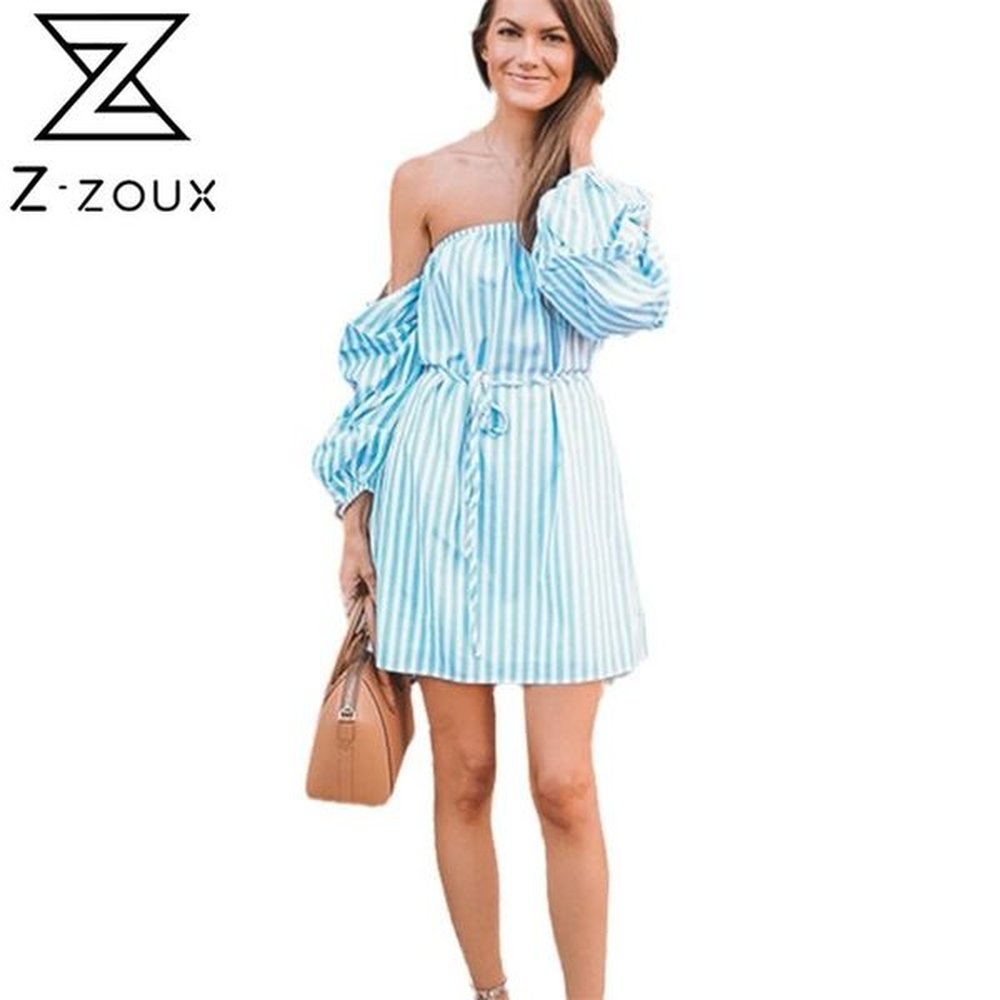 women dress striped slash neck off shoulder mini lace up