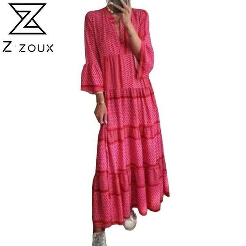 women dress v neck flare sleeve printed bohemia es long